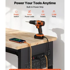 VEVOR 60-inch Adjustable Workbench, 1500 lbs Load Capacity, Garage Workbench with Drawer, Power Outlet, Wheels, and Pegboard, Heavy Duty Oak Wood Top Work Table for Garage, Workshop, Office, and Home
