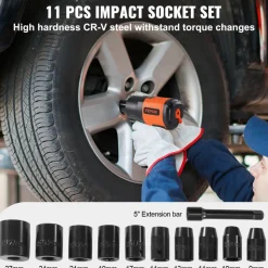 VEVOR 1/2-Inch Air Impact Wrench, High Torque Up to 1400 ft-lbs, Lightweight 4.6 lb Design Pneumatic Impact Gun with 11-PCS 1/2-Inch Drive CR-V Steel Impact Socket Set & Carrying Case
