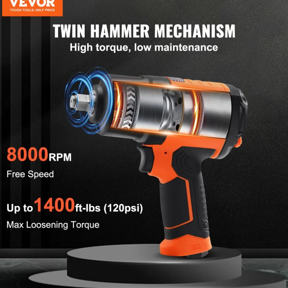 VEVOR 1/2-Inch Air Impact Wrench, High Torque Up to 1400 ft-lbs, Lightweight 4.6 lb Design Pneumatic Impact Gun with 11-PCS 1/2-Inch Drive CR-V Steel Impact Socket Set & Carrying Case