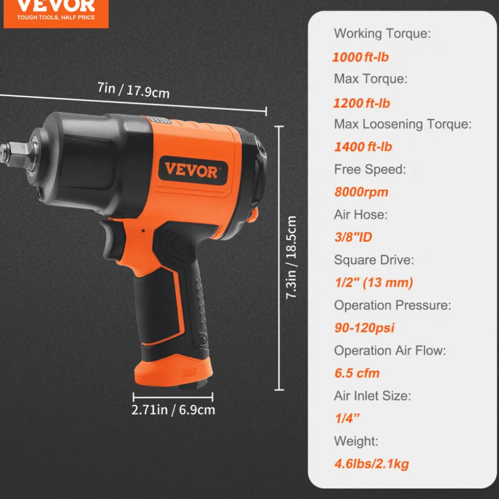 VEVOR 1/2-Inch Air Impact Wrench, High Torque Up to 1400 ft-lbs, Lightweight 4.6 lb Design Pneumatic Impact Gun with 11-PCS 1/2-Inch Drive CR-V Steel Impact Socket Set & Carrying Case