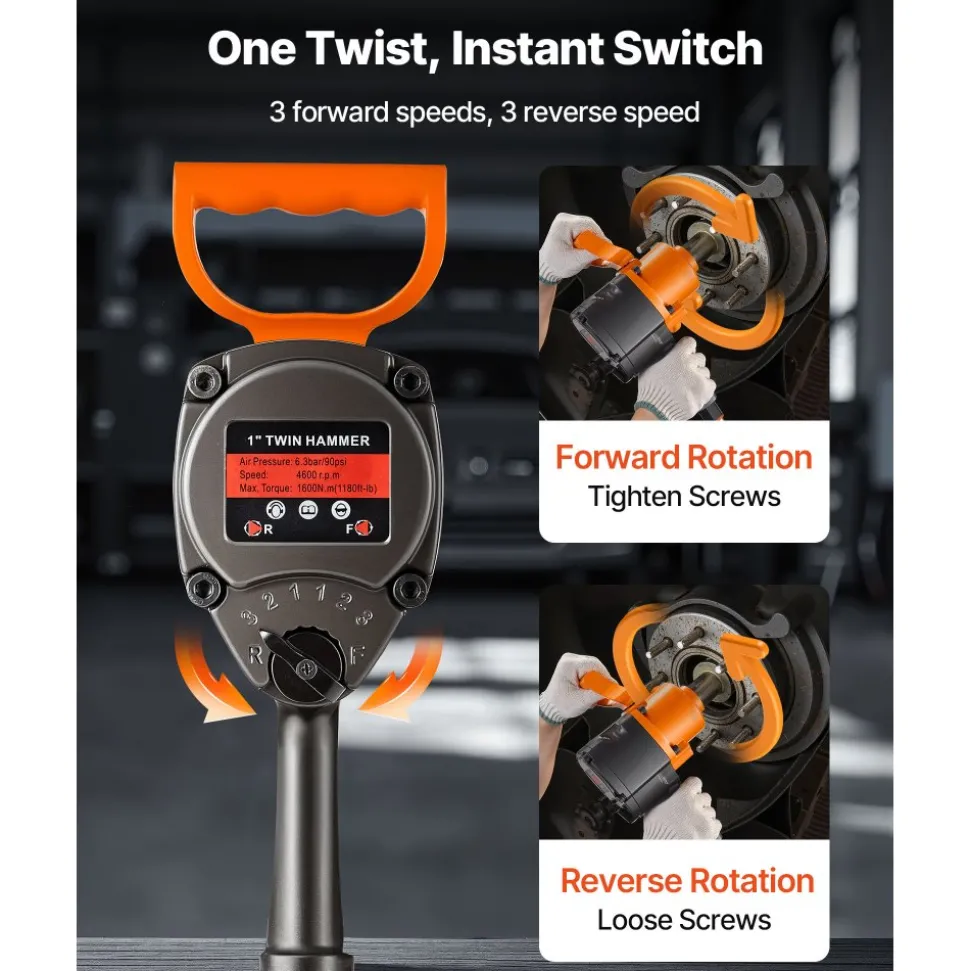 VEVOR 1 Inch Air Impact Wrench, Up to 1200 ft-lbs Nut-Busting Torque, 16.4 lbs Lightweight Pneumatic Impact Gun with Double Handles for Heavy Duty Repairs and Maintenance