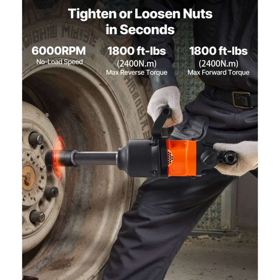 VEVOR 1 Inch Air Impact Wrench, Up to 1800 ft-lbs Nut-Busting Torque, 18.7 lbs Lightweight Pneumatic Impact Gun with 6" Extended Anvil for Heavy Duty Repairs and Maintenance