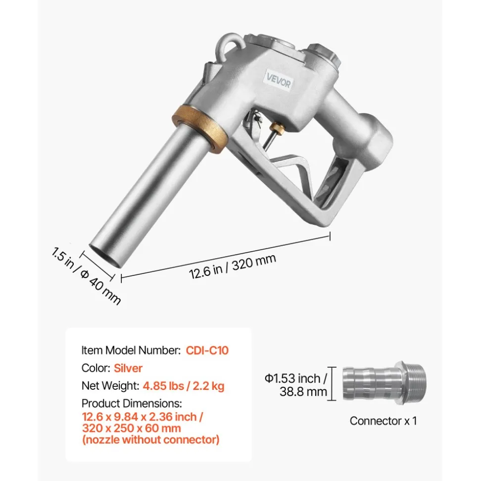 VEVOR 1.5 Inch Barb Automatic Fuel Nozzle with Swivel, Max Flow Rate 37 GPM, Auto Shut Off Diesel Gas Pump Nozzle with 3-Speed Trigger Lock & 1.5 Inch (OD=40 mm) Spout for Gasoline, Diesel, Kerosene