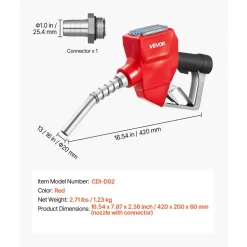 VEVOR 1 Inch Barb Digital Fuel Nozzle with Swivel, Max Flow Rate 12.6 GPM, Auto Shut Off Diesel Gas Pump Nozzle with 3/16 in (OD=20 mm) Spout & Digital Display, Used for Gasoline, Diesel, Kerosene Red