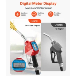 VEVOR 1 Inch Barb Digital Fuel Nozzle with Swivel, Max Flow Rate 12.6 GPM, Auto Shut Off Diesel Gas Pump Nozzle with 3/16 in (OD=20 mm) Spout & Digital Display, Used for Gasoline, Diesel, Kerosene Red