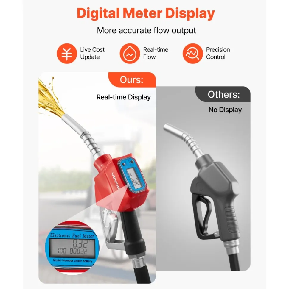 VEVOR 1 Inch Barb Digital Fuel Nozzle with Swivel, Max Flow Rate 12.6 GPM, Auto Shut Off Diesel Gas Pump Nozzle with 3/16 in (OD=20 mm) Spout & Digital Display, Used for Gasoline, Diesel, Kerosene Red