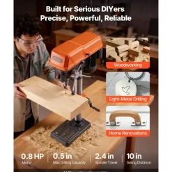 VEVOR 10-Inch Benchtop Drill Press, 5 Amp, 0.8 HP 600W Bench Drill Press, 530-3140 RPM Variable Speed, 0-45° Tilting Worktable, with Laser and LED Work Light, Tabletop Drilling Machine, for Wood Metal