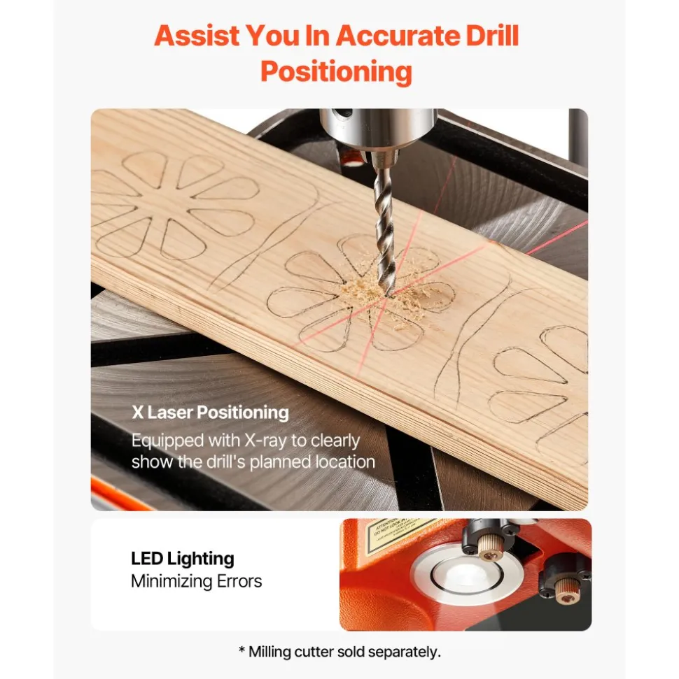 VEVOR 12-Inch Benchtop Drill Press, 6.2 Amp, 1 HP Bench Drill Press, 530 to 3140 RPM Variable Speed, 0-45° Tilting Worktable, with Laser and LED Work Light, Tabletop Drilling Machine, for Wood Metal