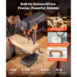 VEVOR 12-Inch Benchtop Drill Press, 6.2 Amp, 1 HP Bench Drill Press, 530 to 3140 RPM Variable Speed, 0-45° Tilting Worktable, with Laser and LED Work Light, Tabletop Drilling Machine, for Wood Metal