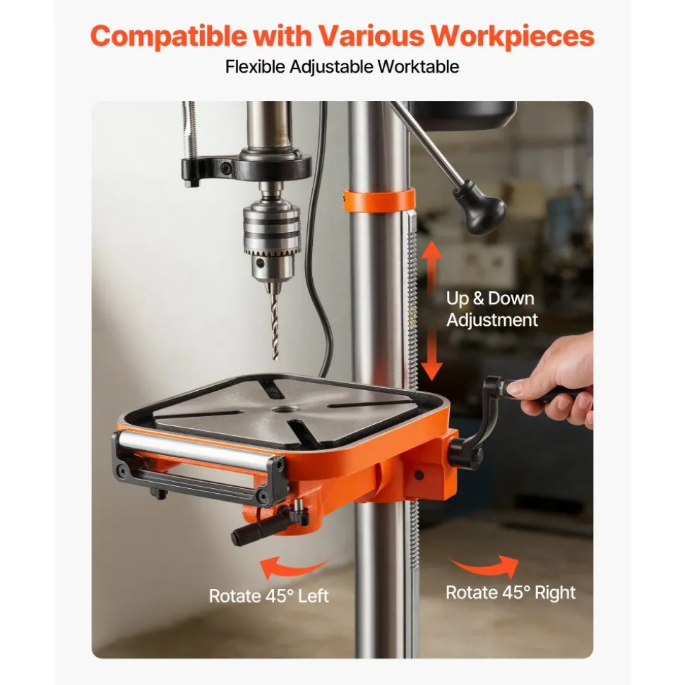 VEVOR 12-Inch Benchtop Drill Press, 6.2 Amp, 1 HP Bench Drill Press, 530 to 3140 RPM Variable Speed, 0-45° Tilting Worktable, with Laser and LED Work Light, Tabletop Drilling Machine, for Wood Metal