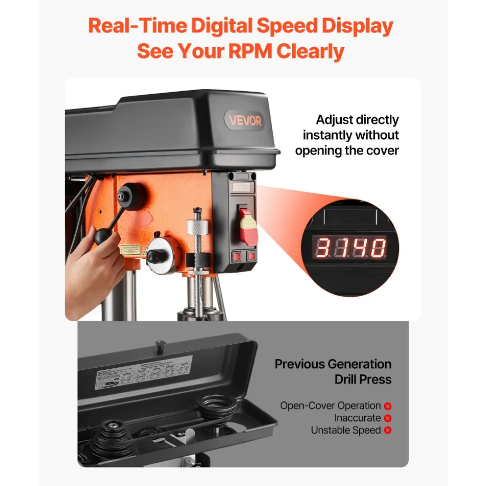 VEVOR 12-Inch Benchtop Drill Press, 6.2 Amp, 1 HP Bench Drill Press, 530 to 3140 RPM Variable Speed, 0-45° Tilting Worktable, with Laser and LED Work Light, Tabletop Drilling Machine, for Wood Metal