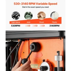 VEVOR 12-Inch Benchtop Drill Press, 6.2 Amp, 1 HP Bench Drill Press, 530 to 3140 RPM Variable Speed, 0-45° Tilting Worktable, with Laser and LED Work Light, Tabletop Drilling Machine, for Wood Metal