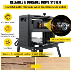 VEVOR 13-Inch Benchtop Thickness Planer, 2000W, 8000 rpm, 15 AMP, with Foldable Iron Stand and Dust Exhaust, 6m/min Planing Speed, Ideal for Woodworking and Wooden Plank Shaping