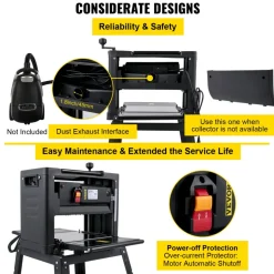 VEVOR 13-Inch Benchtop Thickness Planer, 2000W, 8000 rpm, 15 AMP, with Foldable Iron Stand and Dust Exhaust, 6m/min Planing Speed, Ideal for Woodworking and Wooden Plank Shaping