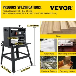 VEVOR 13-Inch Benchtop Thickness Planer, 2000W, 8000 rpm, 15 AMP, with Foldable Iron Stand and Dust Exhaust, 6m/min Planing Speed, Ideal for Woodworking and Wooden Plank Shaping