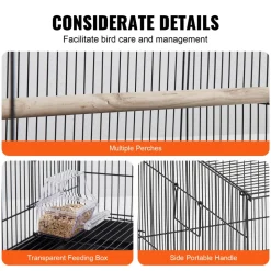 VEVOR 30 inch Bird Cage, Metal Large Parakeet Cages for Cockatiels Small Parrot Budgies Lovebirds Canaries, Pet Bird Cage with Rolling Stand and Tray