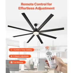 VEVOR 72 Inch Ceiling Fan with Light, 6-Speed Remote Control, Dimmable 3-Color Temperature, Reversible DC Motor, Modern Low Profile Flush Mount Fan for Bedroom, Living Room, Indoor/Outdoor Use, Black
