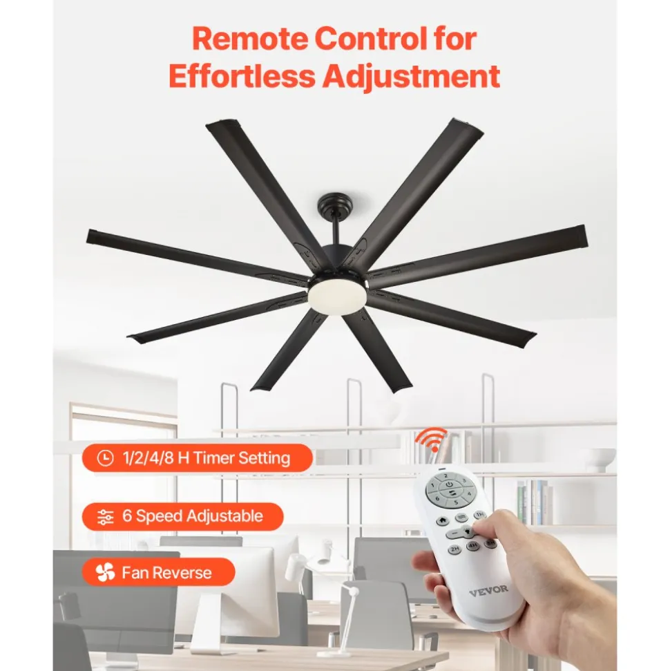 VEVOR 72 Inch Ceiling Fan with Light, 6-Speed Remote Control, Dimmable 3-Color Temperature, Reversible DC Motor, Modern Low Profile Flush Mount Fan for Bedroom, Living Room, Indoor/Outdoor Use, Black