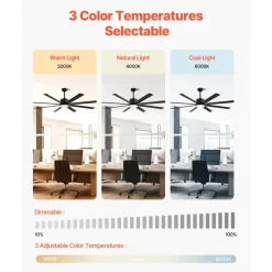 VEVOR 72 Inch Ceiling Fan with Light, 6-Speed Remote Control, Dimmable 3-Color Temperature, Reversible DC Motor, Modern Low Profile Flush Mount Fan for Bedroom, Living Room, Indoor/Outdoor Use, Black
