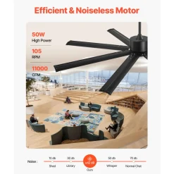 VEVOR 72 Inch Ceiling Fan with Light, 6-Speed Remote Control, Dimmable 3-Color Temperature, Reversible DC Motor, Modern Low Profile Flush Mount Fan for Bedroom, Living Room, Indoor/Outdoor Use, Black