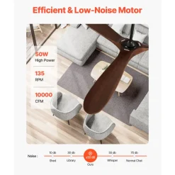 VEVOR 72 Inch Ceiling Fan without Light, 6-Speed Remote Control, 3-Wood-Blade, Reversible DC Motor, Modern Low Profile Flush Mount Exterior Fan for Bedroom, Living Room, Patio, Indoor/Outdoor, Walnut
