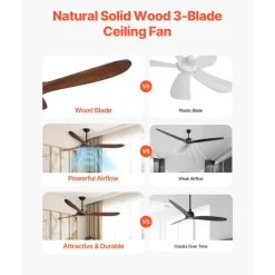 VEVOR 72 Inch Ceiling Fan without Light, 6-Speed Remote Control, 3-Wood-Blade, Reversible DC Motor, Modern Low Profile Flush Mount Exterior Fan for Bedroom, Living Room, Patio, Indoor/Outdoor, Walnut