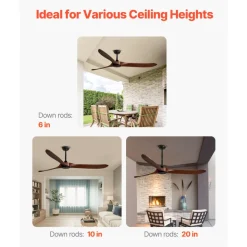 VEVOR 72 Inch Ceiling Fan without Light, 6-Speed Remote Control, 3-Wood-Blade, Reversible DC Motor, Modern Low Profile Flush Mount Exterior Fan for Bedroom, Living Room, Patio, Indoor/Outdoor, Walnut