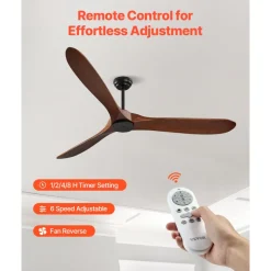 VEVOR 72 Inch Ceiling Fan without Light, 6-Speed Remote Control, 3-Wood-Blade, Reversible DC Motor, Modern Low Profile Flush Mount Exterior Fan for Bedroom, Living Room, Patio, Indoor/Outdoor, Walnut