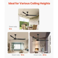 VEVOR 72 Inch Ceiling Fan without Light, 6-Speed Remote Control, 3-Wood-Blade, Reversible DC Motor, Modern Low Profile Flush Mount Exterior Fan for Bedroom, Living Room, Patio, Indoor/Outdoor, Black