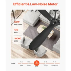 VEVOR 72 Inch Ceiling Fan without Light, 6-Speed Remote Control, 3-Wood-Blade, Reversible DC Motor, Modern Low Profile Flush Mount Exterior Fan for Bedroom, Living Room, Patio, Indoor/Outdoor, Black