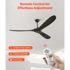 VEVOR 72 Inch Ceiling Fan without Light, 6-Speed Remote Control, 3-Wood-Blade, Reversible DC Motor, Modern Low Profile Flush Mount Exterior Fan for Bedroom, Living Room, Patio, Indoor/Outdoor, Black