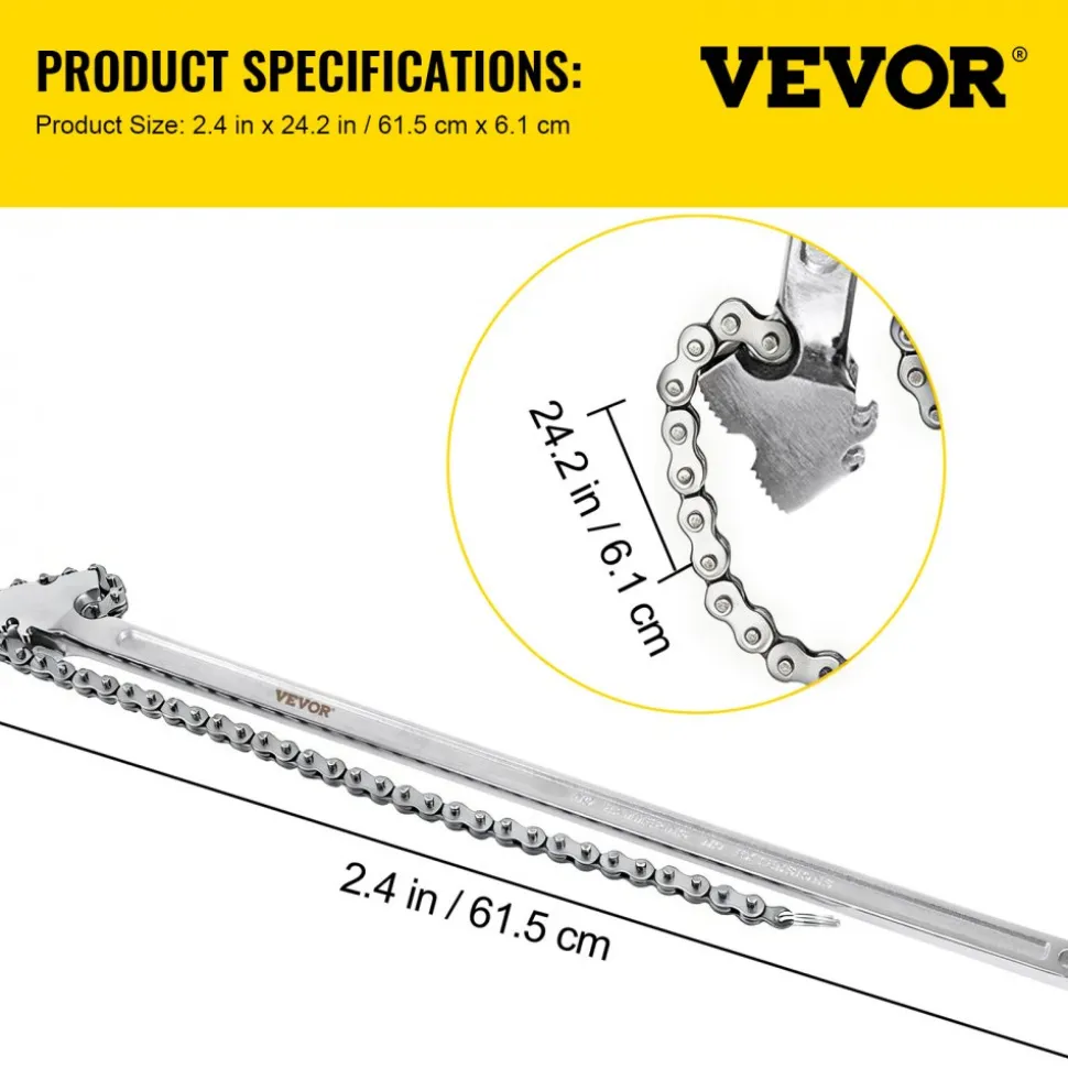 VEVOR 24inch Chain Wrench Carbon Steel Chain Pipe Wrench Heavy Duty 6.7 inch Diameter Capacity Chain Strap Filter Wrench