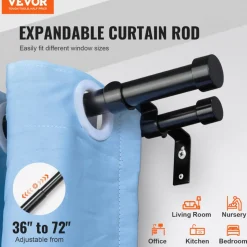 VEVOR 1 Inch Double Curtain Rods 36 to 72 Inches(3-6ft), Drapery Rods for Windows 24 to 68 Inches, Telescoping Dual Curtain Rod with Round Finials, Black