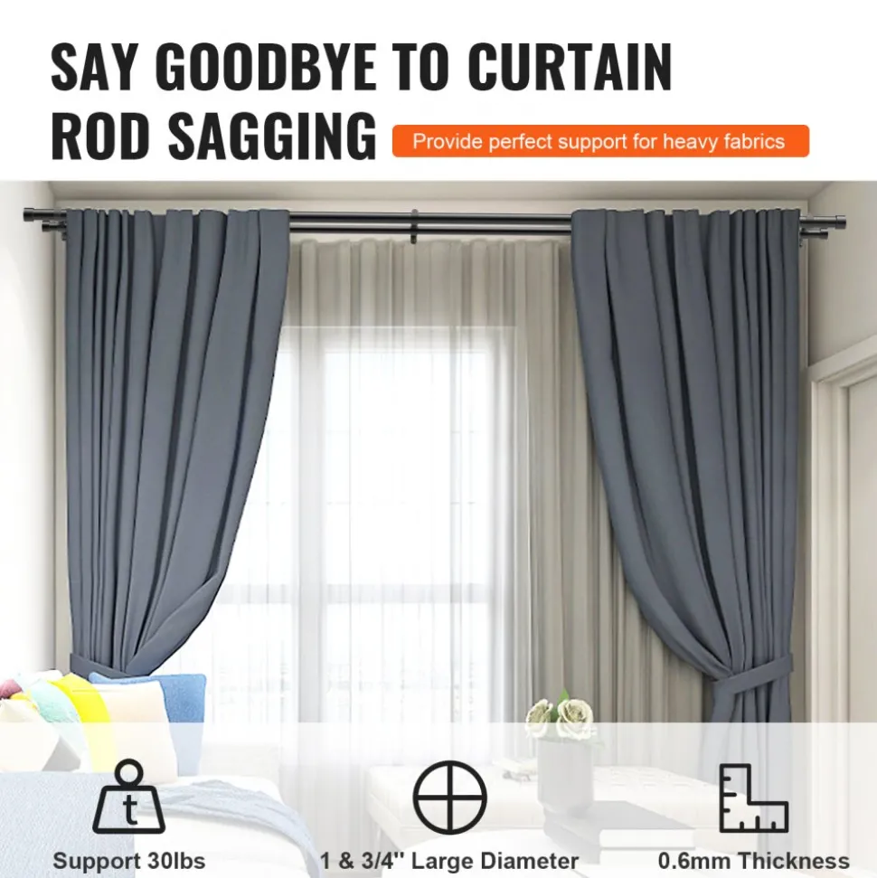VEVOR 1 Inch Double Curtain Rods 74 to 144 Inches(6-12ft), Drapery Rods for Windows 69 to 140 Inches, Telescoping Dual Curtain Rod with Round Finials, Black