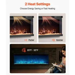 VEVOR 72 inch Electric Fireplace, Three-Sided Glass Wall Mounted Recessed Fire Place with Remote Control, Timer, 1500W, Adjustable Flame Color Brightness,Overheat Protection, for Living Room,Bedroom