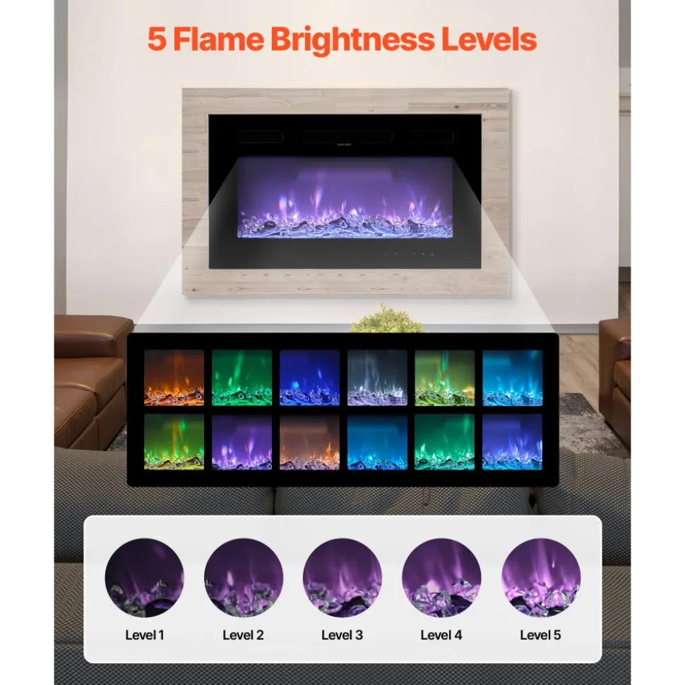VEVOR 42 inch Electric Fireplace, Wall Mounted Recessed Fire Place with Remote Control, Timer, 1500W, Adjustable Flame Color Brightness, Touch Screen, Overheat Protection, for Living Room,Bedroom