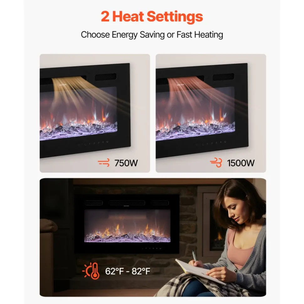 VEVOR 42 inch Electric Fireplace, Wall Mounted Recessed Fire Place with Remote Control, Timer, 1500W, Adjustable Flame Color Brightness, Touch Screen, Overheat Protection, for Living Room,Bedroom
