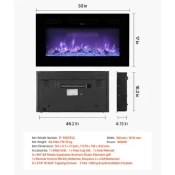 VEVOR 50 inch Electric Fireplace, Three-Sided Glass Wall Mounted Recessed Fire Place with Remote Control, Timer, 1500W, Adjustable Flame Color Brightness,Overheat Protection, for Living Room,Bedroom