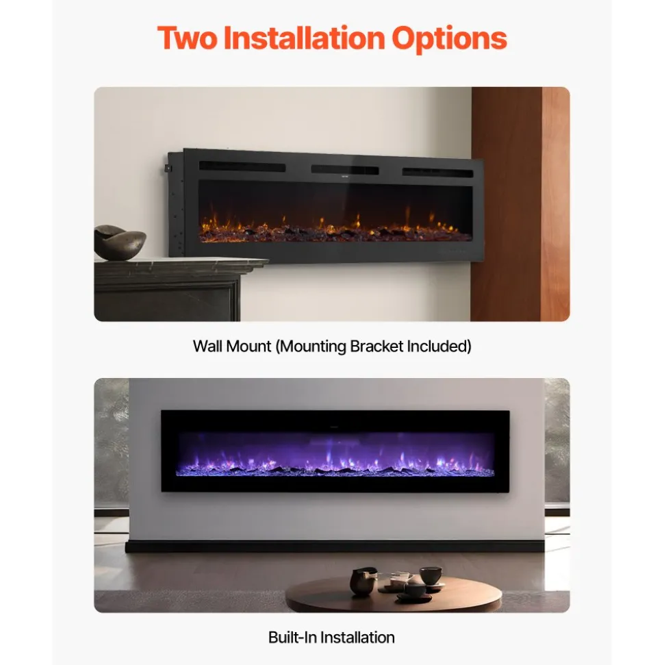 VEVOR 60 inch Electric Fireplace, Three-Sided Glass Wall Mounted Recessed Fire Place with Remote Control, Timer, 1500W, Adjustable Flame Color Brightness,Overheat Protection, for Living Room,Bedroom