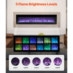 VEVOR 60 inch Electric Fireplace, Three-Sided Glass Wall Mounted Recessed Fire Place with Remote Control, Timer, 1500W, Adjustable Flame Color Brightness,Overheat Protection, for Living Room,Bedroom
