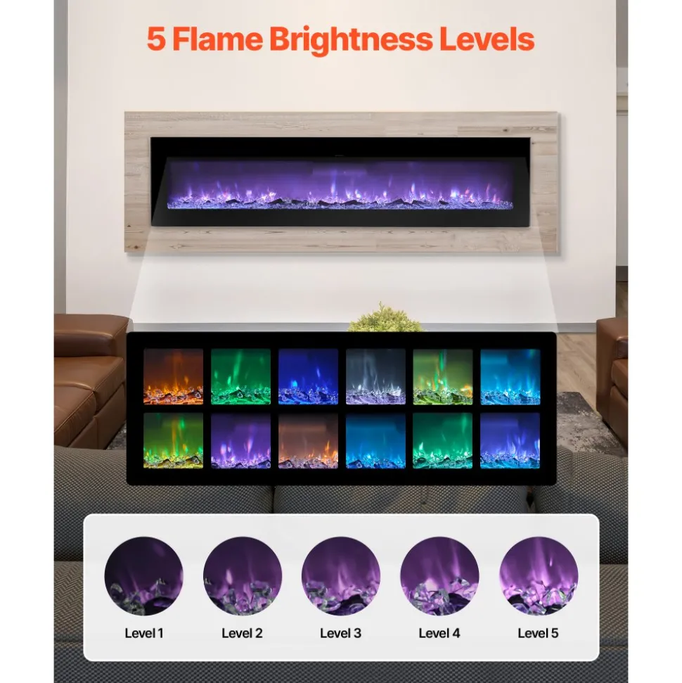 VEVOR 60 inch Electric Fireplace, Three-Sided Glass Wall Mounted Recessed Fire Place with Remote Control, Timer, 1500W, Adjustable Flame Color Brightness,Overheat Protection, for Living Room,Bedroom