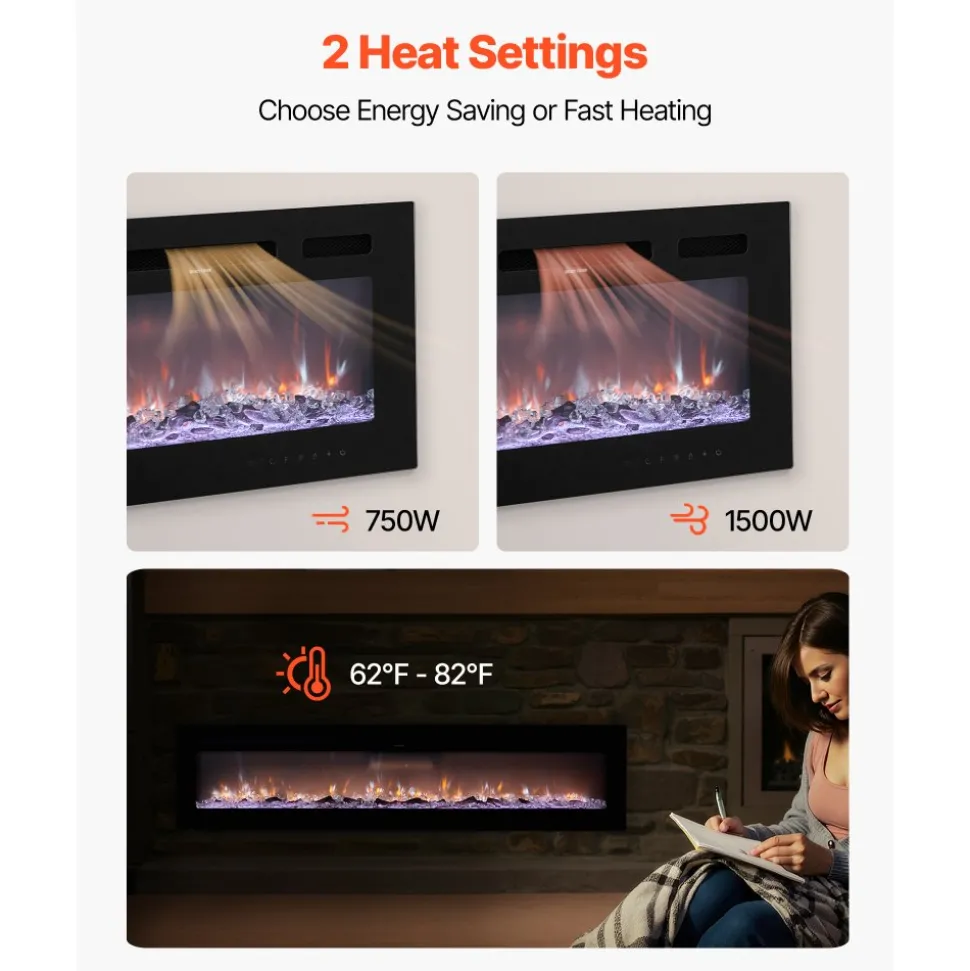 VEVOR 60 inch Electric Fireplace, Three-Sided Glass Wall Mounted Recessed Fire Place with Remote Control, Timer, 1500W, Adjustable Flame Color Brightness,Overheat Protection, for Living Room,Bedroom