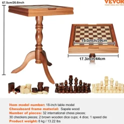 VEVOR 3-IN-1 Chess Checkers Backgammon Table Set, 18 Inch Premium Wooden Chess Table, Deluxe Combo Game Table Furniture Set, Chess Set Board Game Gift for Family Board Games