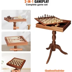 VEVOR 3-IN-1 Chess Checkers Backgammon Table Set, 18 Inch Premium Wooden Chess Table, Deluxe Combo Game Table Furniture Set, Chess Set Board Game Gift for Family Board Games
