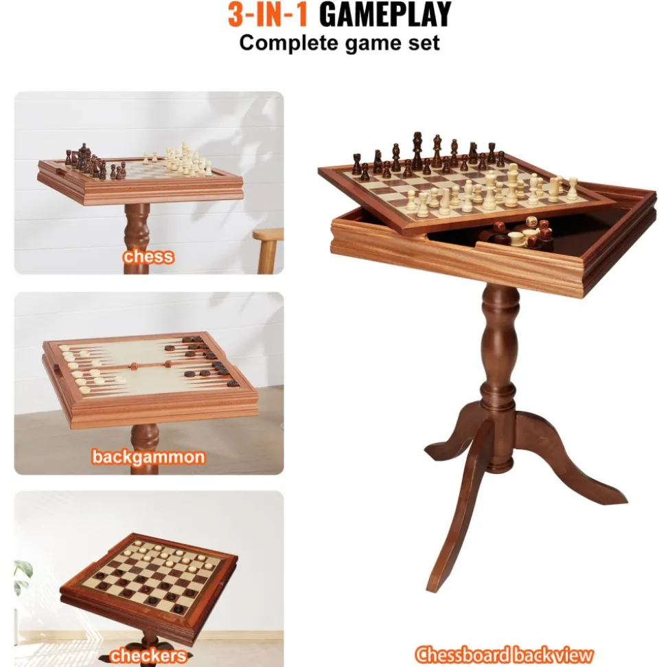VEVOR 3-IN-1 Chess Checkers Backgammon Table Set, 18 Inch Premium Wooden Chess Table, Deluxe Combo Game Table Furniture Set, Chess Set Board Game Gift for Family Board Games