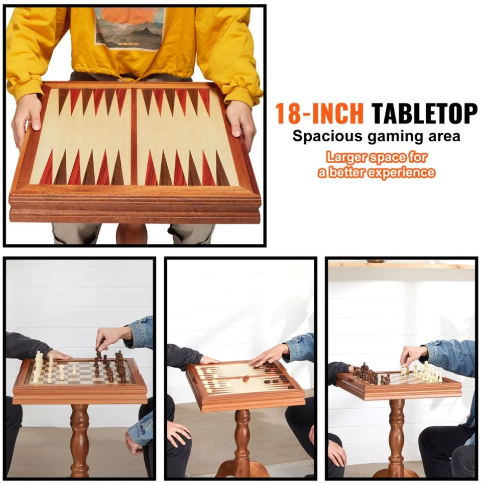 VEVOR 3-IN-1 Chess Checkers Backgammon Table Set, 18 Inch Premium Wooden Chess Table, Deluxe Combo Game Table Furniture Set, Chess Set Board Game Gift for Family Board Games
