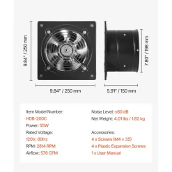 VEVOR 8 Inch Exhaust Fan, 576 CFM High Velocity Wall Mount Vent Fan with On/Off Control, Low Consumption, Portable Ventilation Extractor for Attic,Garage,Basement,Workshop,Kitchen, Chicken Coop,Black