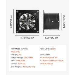 VEVOR 6 Inch Exhaust Fan, 308 CFM High Velocity Wall Mount Vent Fan with On/Off Control, Low Consumption, Portable Ventilation Extractor for Attic,Garage,Basement,Workshop,Kitchen, Chicken Coop,Black