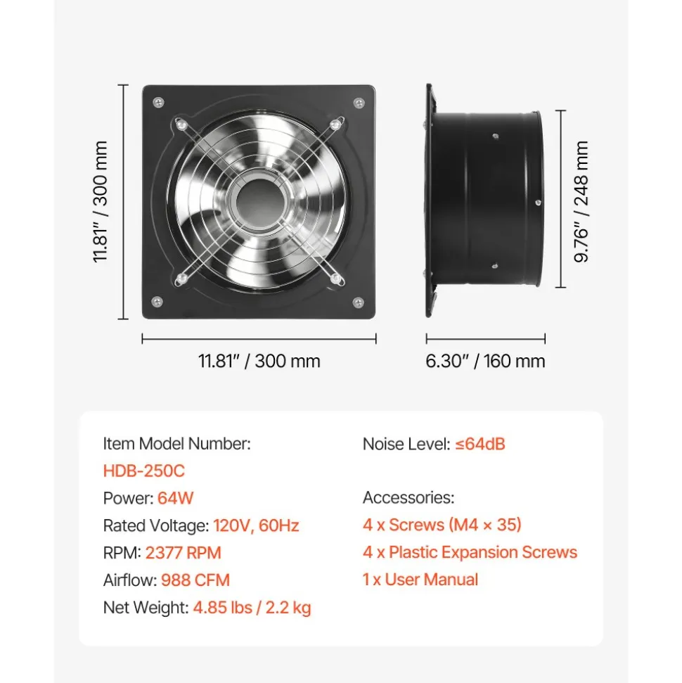 VEVOR 10 Inch Exhaust Fan, 988 CFM High Velocity Wall Mount Vent Fan with On/Off Control, Low Consumption, Portable Ventilation Extractor for Attic,Garage,Basement,Workshop,Kitchen, Chicken Coop,Black