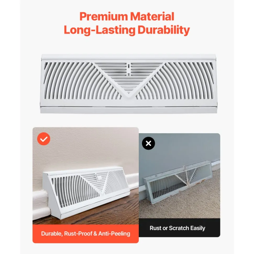 VEVOR 15-Inch Floor Registers, 10-Pack Baseboard Registers, HVAC Heavy-Duty Walkable Iron Floor Vents, Rustproof Anti-Peeling Air Vents Deflector Adjustable with Metal Damper for Home & Office, White